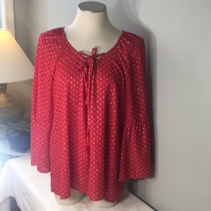 Shimmery Blouse Bell Sleeve Red Tassled Neck BOHO 1X (16W)